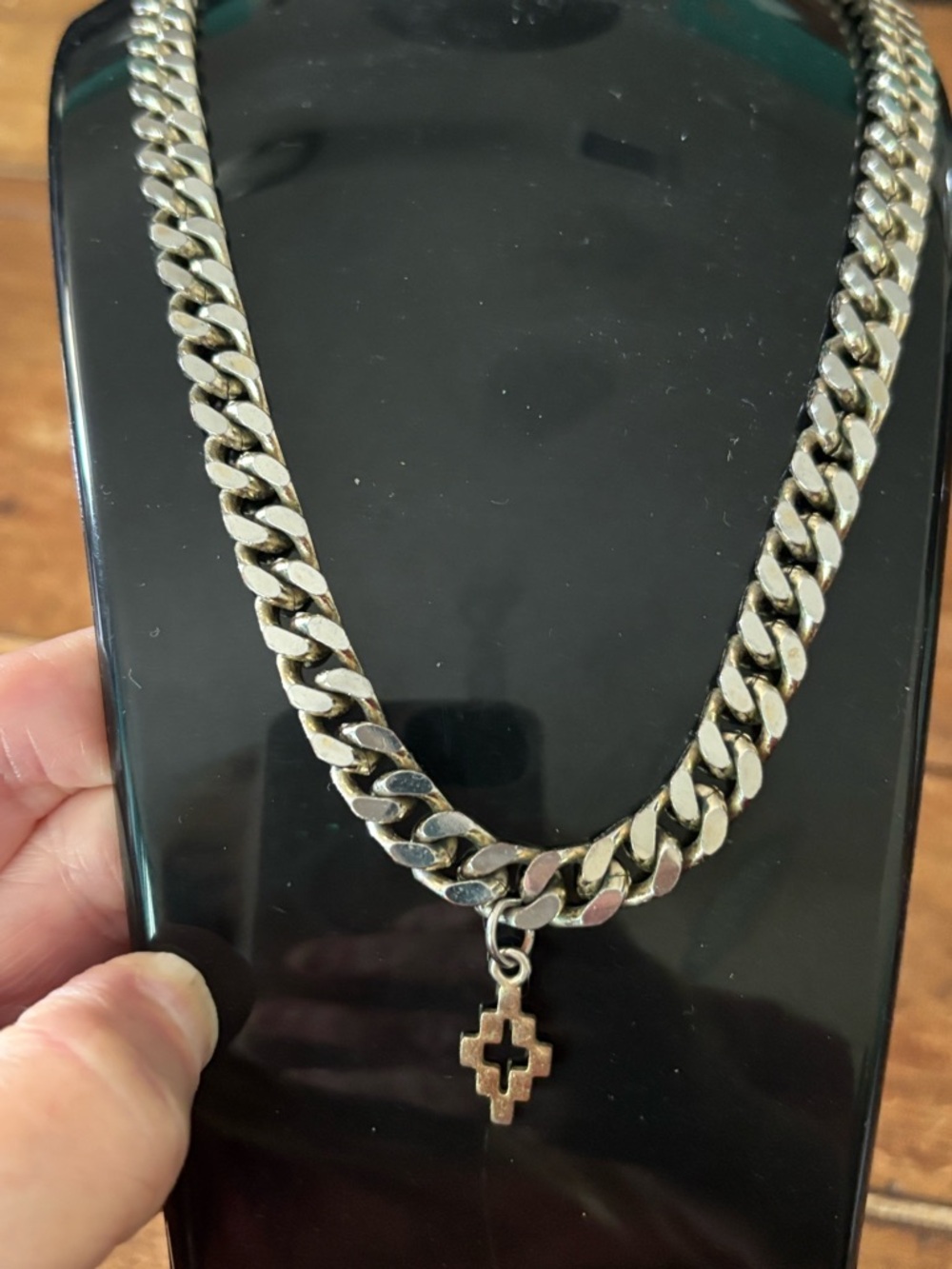 Unisex Silver-Tone Chunky Cuban Link Necklace with Cross Pendant